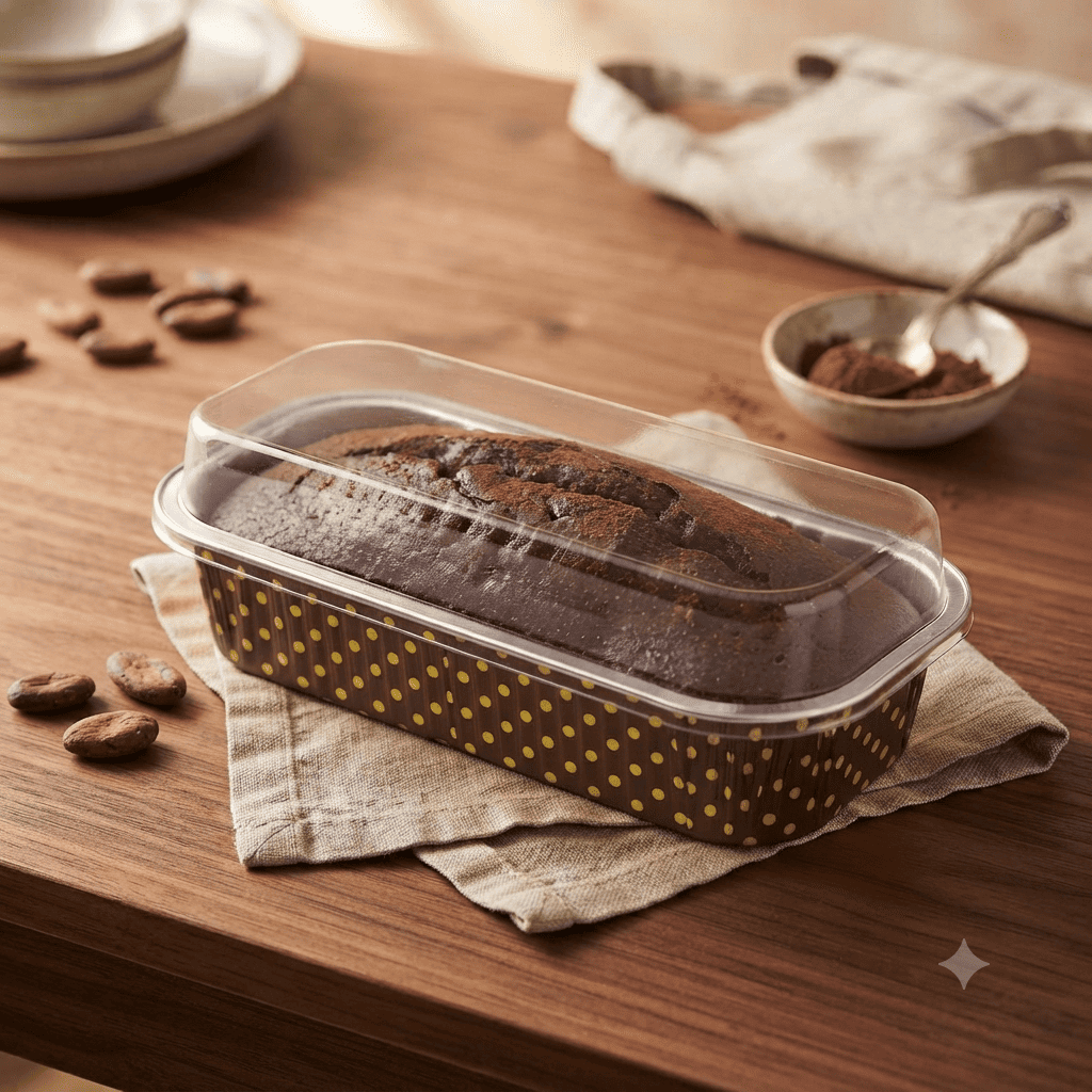 Rectangle Golden Foil Baking Cups-200ml (Brown /Golden dots) With Transparent Lid